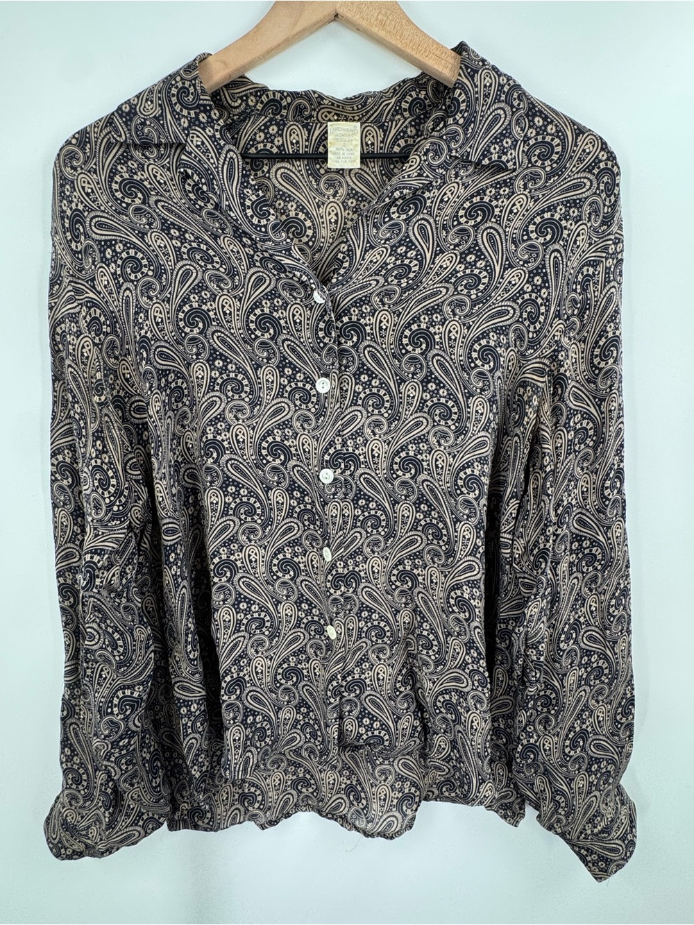 Lands' End Women's Paisley Button-Down 100% Silk Shirt in Navy and Cream
